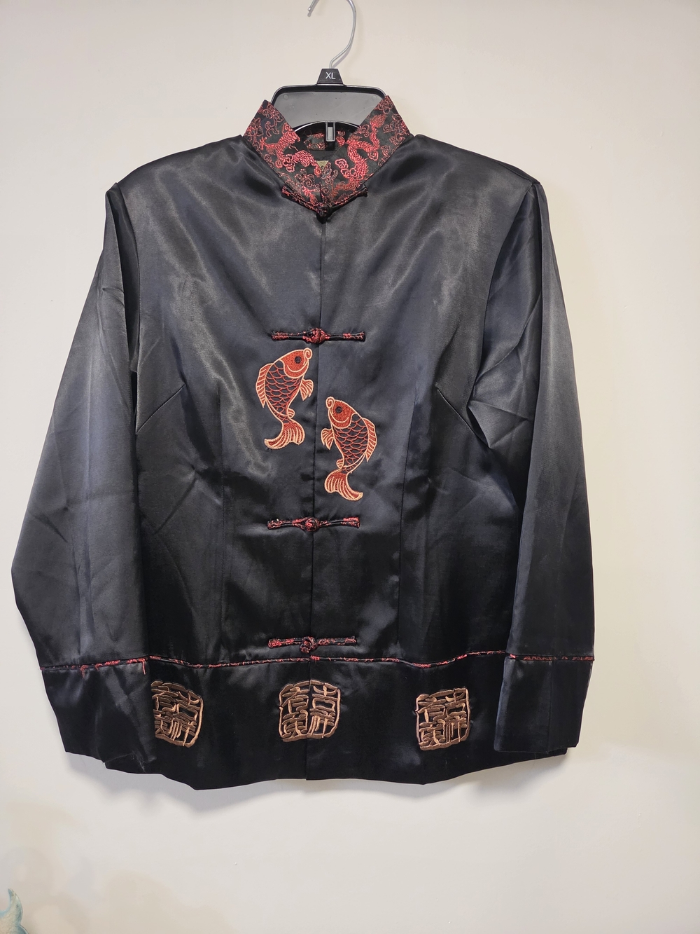 Black Satin Chinese-Style Jacket with Red Embroidery